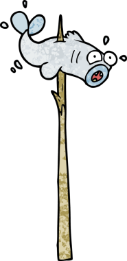 Bir insan tarafından çizilmiş mızraklı balık çizgi filmi.