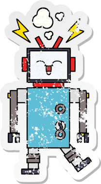 Bir insan tarafından çizilmiş sevimli bir robot çizgi film çıkartması.