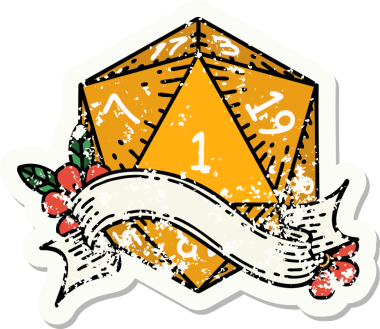 Bir insan tarafından çizilmiş doğal bir d20 zarının grunge çıkartması.