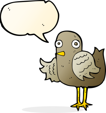 Bir insan tarafından çizilmiş konuşma baloncuğuyla kanat sallayan çizgi film kuşu.