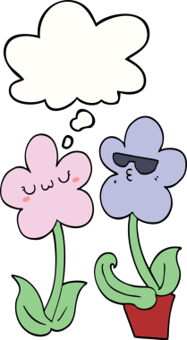 Bir insan tarafından çizilmiş düşünce baloncuğu olan sevimli bir karikatür çiçeği.