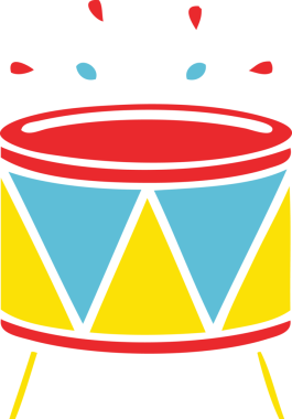 Bir insan tarafından çizilen davulun düz renkli retro karikatürü