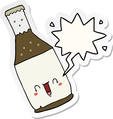 Bir insan tarafından çizilmiş konuşma balonu çıkartmalı bira şişesi.