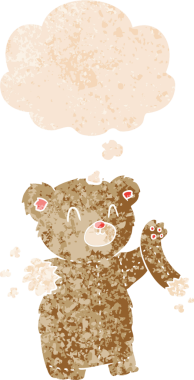 Yırtık kollu çizgi film ayıcığı. Düşünce baloncuğu ve grunge dertli eski moda bir insan tarafından çizilmiş.