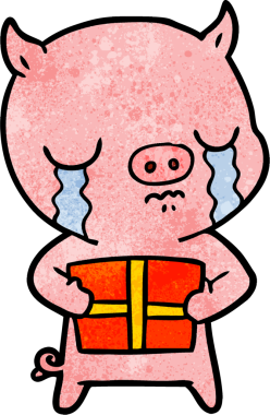 Bir insan tarafından çizilmiş Noel hediyesi için ağlayan bir domuz.