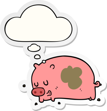 Bir insan tarafından çizilmiş bir çıkartma olarak düşünce baloncuğu olan şirin çizgi film domuzu.