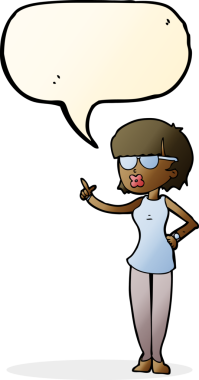 Bir insan tarafından çizilmiş konuşma balonlu gözlük takan çizgi film kadını.