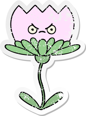 Bir insan tarafından çizilmiş şirin bir karikatür çiçeğinin sıkıntılı çıkartması.