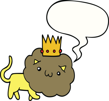 Bir insan tarafından çizilmiş konuşma baloncuklu taç takmış çizgi film aslanı.