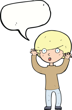 Bir insan tarafından çizilmiş konuşma balonuyla ürkmüş bir çocuk.