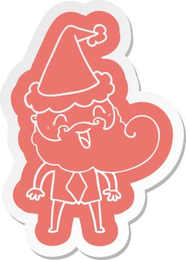 Bir insan tarafından çizilmiş Noel Baba şapkası giyen mutlu sakallı bir adamın garip karikatür çıkartması.