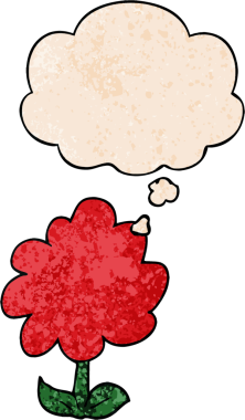 Bir insan tarafından çizilmiş grunge desenli düşünce baloncuğu olan karikatür çiçeği