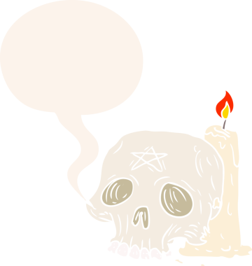 Bir insan tarafından çizilmiş, eski moda konuşma baloncuklu, tuhaf kafatası ve mum çizgi film.