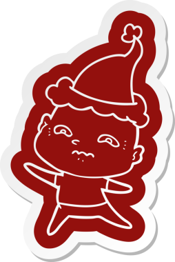 Bir insan tarafından çizilmiş Noel Baba şapkası giyen gergin bir adamın garip çizgi film çıkartması.