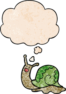 Tatlı çizgi film salyangozu, insan tarafından çizilmiş grunge desenli düşünce baloncuğu.