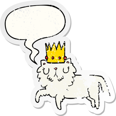 Konuşma balonlu bir taç takan çizgi film kedisi bir insan tarafından çizilmiş sıkıntılı eski bir çıkartma