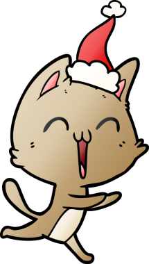 Mutlu el çizimi bir kedi miyavlıyor Noel Baba şapkası giymiş bir insan tarafından çizilmiş.