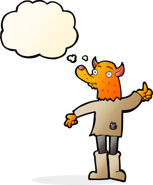 Bir insan tarafından çizilmiş düşünce balonlu tilki adam.