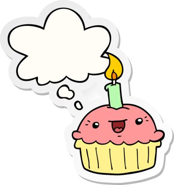 Düşünce baloncuklu mumlu çizgi film keki bir insan tarafından çizilmiş çıkartma gibi.