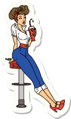 Bir insan tarafından çizilmiş milkshake 'i içen bir kızın geleneksel stiliyle dövme çıkartması.