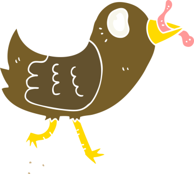 Bir insan tarafından çizilmiş solucanlı düz renkli çizgi film kuşu.