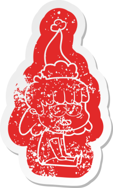 Bir insan tarafından çizilmiş Noel Baba şapkası giyen yorgun bir kadının garip bir karikatürü.