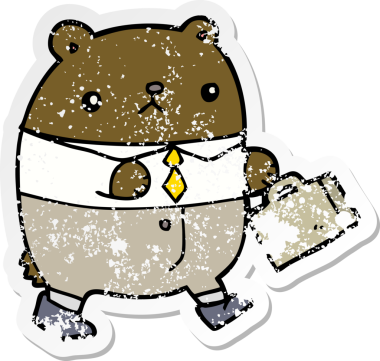 Bir insan tarafından çizilmiş iş kıyafetleri içindeki çizgi film ayısının sıkıntılı çıkartması.