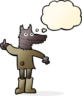 Bir insan tarafından çizilmiş düşünce balonlu bir kurt adam.