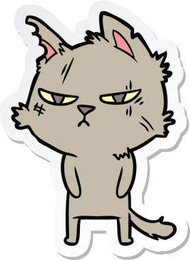 Bir insan tarafından çizilmiş sert bir çizgi film kedisinin çıkartması.