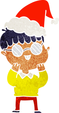 Bir insan tarafından çizilmiş Noel Baba şapkası takan gözlüklü bir çocuğun el çizimi karikatürü