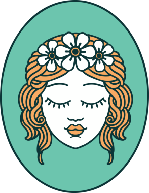 İkonik dövme stili bir insan tarafından çizilmiş gözleri olan bir kızın resmi.