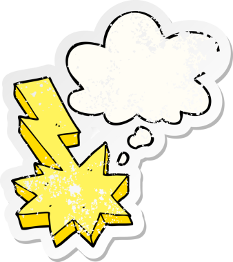 Düşünce baloncuğu olan karikatür yıldırımı bir insan tarafından çizilmiş yıpranmış bir çıkartma gibi.