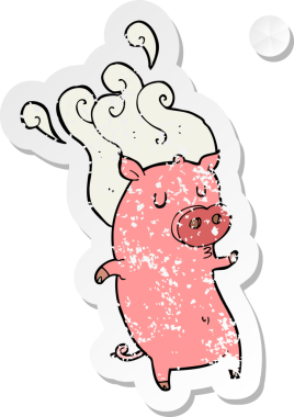 Bir insan tarafından çizilmiş kokuşmuş çizgi film domuzunun retro sıkıntılı çıkartması.