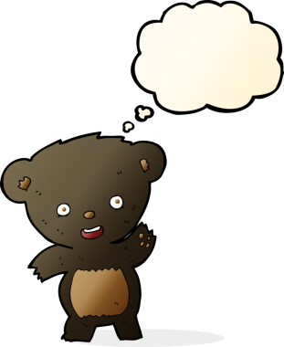 Bir insan tarafından çizilmiş düşünce balonlu siyah ayı sallayan çizgi film.