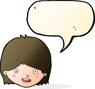 Bir insan tarafından çizilmiş konuşma balonlu mutlu kadın yüzü.