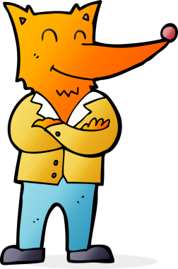 Bir insan tarafından çizilmiş gömlekli tilki çizgi filmi.