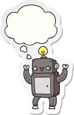 İnsan tarafından çizilmiş, düşünce baloncuklu çizgi film mutlu robotu.