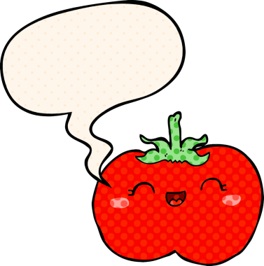 Bir insan tarafından çizilmiş çizgi roman tarzında konuşma baloncuklu domates.