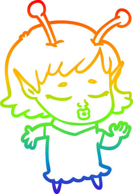 Gökkuşağı gradyan çizgisi. Bir insan tarafından çizilmiş şirin bir uzaylı kız çizgi filmi.