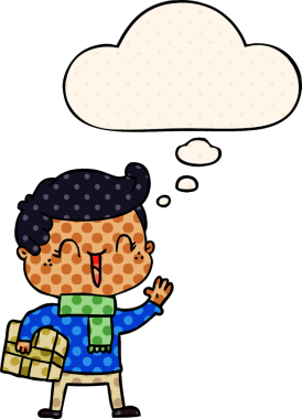 Çizgi roman tarzında bir insan tarafından çizilmiş düşünce balonuyla gülen çocuk.