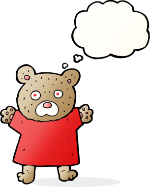 Bir insan tarafından çizilmiş düşünce baloncuklu şirin oyuncak ayı.