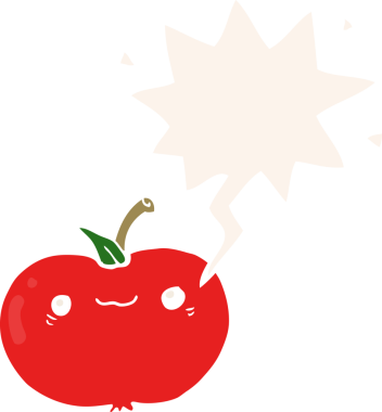 bir insan tarafından çizilmiş, konuşma baloncuklu çizgi film elması.