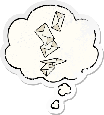 Düşünce baloncuklu karikatür mektupları insan tarafından çizilmiş yıpranmış bir çıkartma gibi.