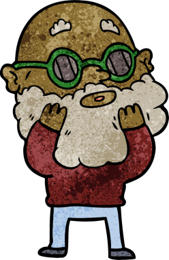 Bir insan tarafından çizilmiş sakallı ve güneş gözlüklü meraklı bir adam.