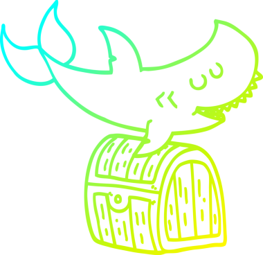 Bir insan tarafından çizilmiş hazine sandığının üzerinde yüzen bir köpek balığının soğuk çizgi çizimi.