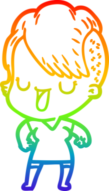 Gökkuşağı gradyan çizimi. Hipster saç kesimi bir insan tarafından çizilmiş şirin bir çizgi film kızı.