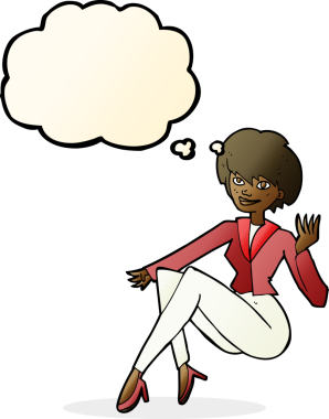 Bir insan tarafından çizilmiş düşünce balonuyla oturan bir iş kadını.