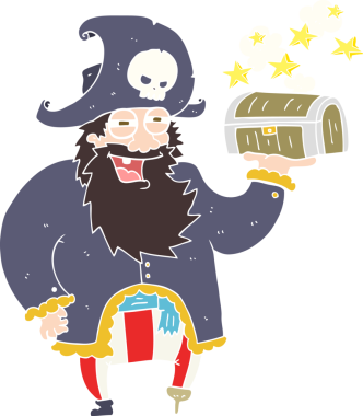 Bir insan tarafından çizilmiş hazine sandığı olan korsan kaptanın düz renkli çizimi