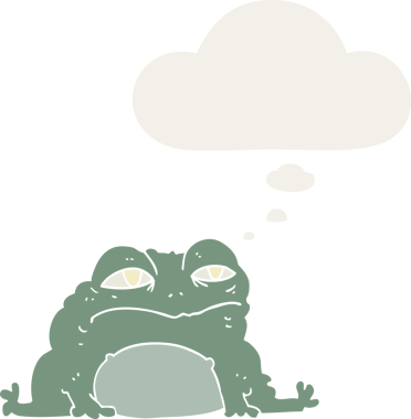 Düşünce baloncuğu olan çizgi film karakurbağası insan tarafından çizilmiş.