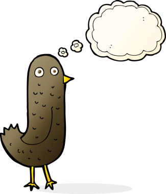 Bir insan tarafından çizilmiş düşünce baloncuklu komik çizgi film kuşu.